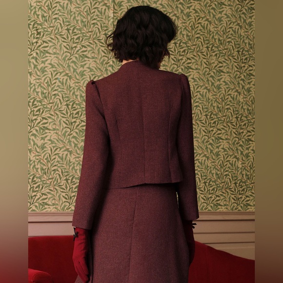 Burgundy Retro Single-breasted Tweed Jacket - Picture 3 of 5